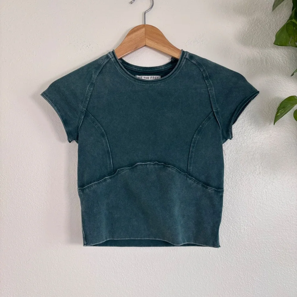 We The Free Protagonist Cropped Cap Sleeve Green Tee XS Top Gorpcore Earthy Boho